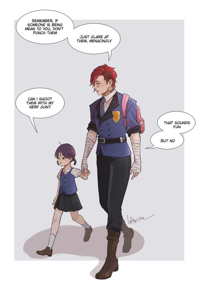 lettuccine's tweet image. i just wanted to draw vi walking w her daughter wearing her uniform but ended up being a comic(?) about nerf gun

#caitvi