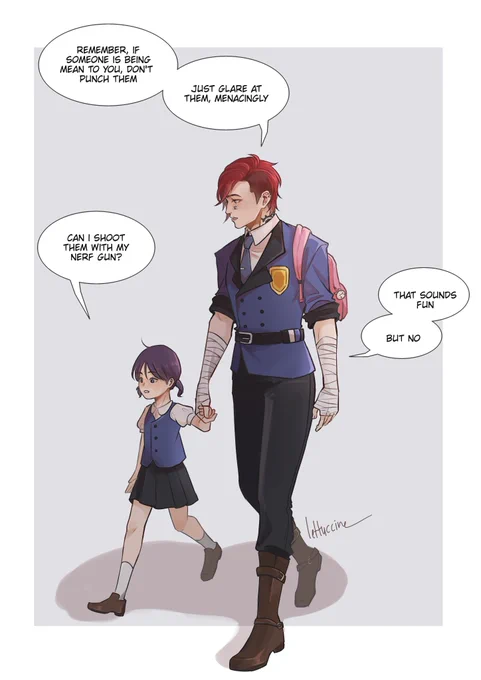i just wanted to draw vi walking w her daughter wearing her uniform but ended up being a comic(?) about nerf gun

#caitvi 