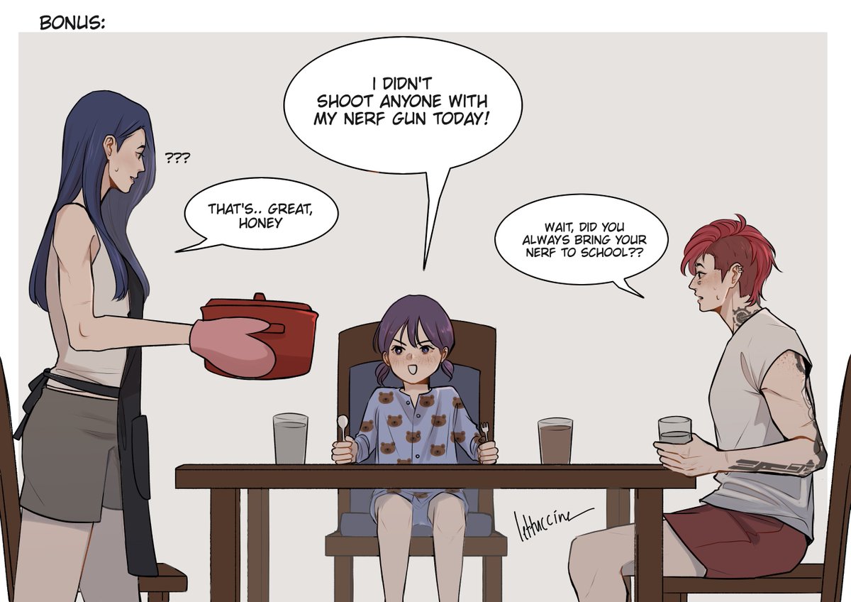 lettuccine's tweet image. i just wanted to draw vi walking w her daughter wearing her uniform but ended up being a comic(?) about nerf gun

#caitvi
