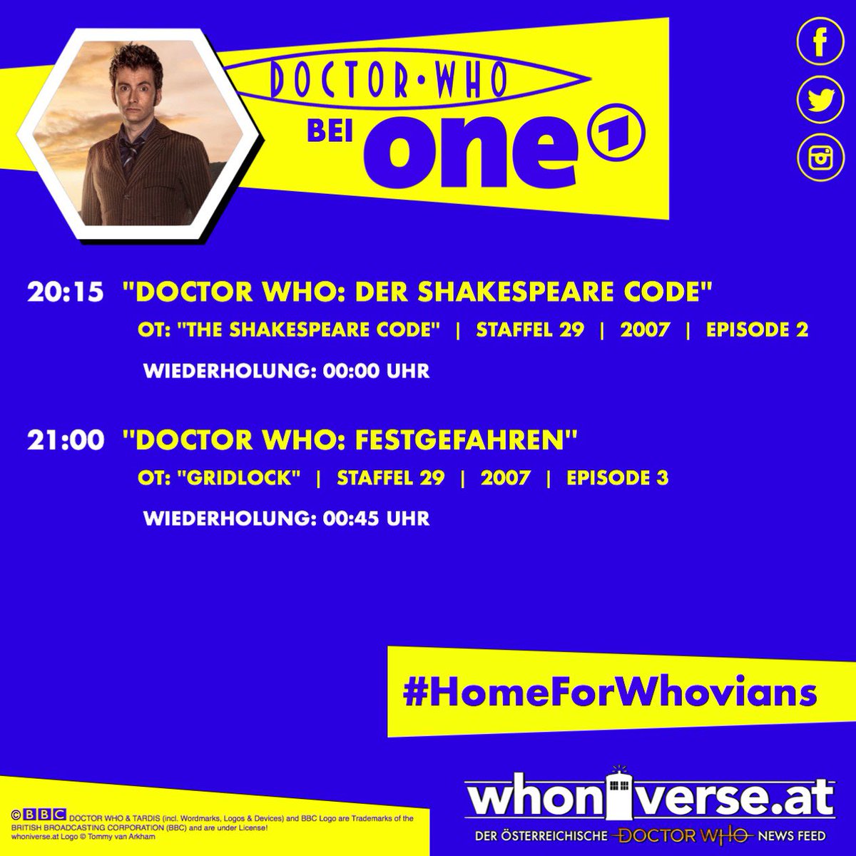 whoniverse_at's tweet photo. „Doctor Who“ im TV!
Heute Abend, ab 20:15 Uhr auf one ARD - #HomeForWhovians

#whoniverse_at #DoctorWho #TARDIS #TimeLord #BBC
#Series29 #10thDoctor #DavidTennant #AllonsY #NewWho #oneARD
#AustrianDoctorWhoNewsFeed https://t.co/uKvuhXAoD0