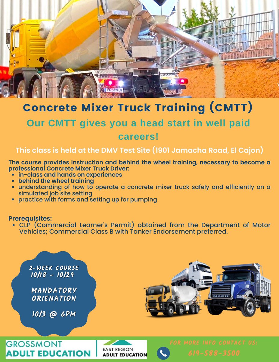 Become a professional Concrete Mixer Truck Driver! Our course offers behind the wheel training to provide you all the experience you need to succeed. Call the number on the flyer for more information. 
#adulted #AdultEdWorks #adulteducation #erae2022 #educationmatters