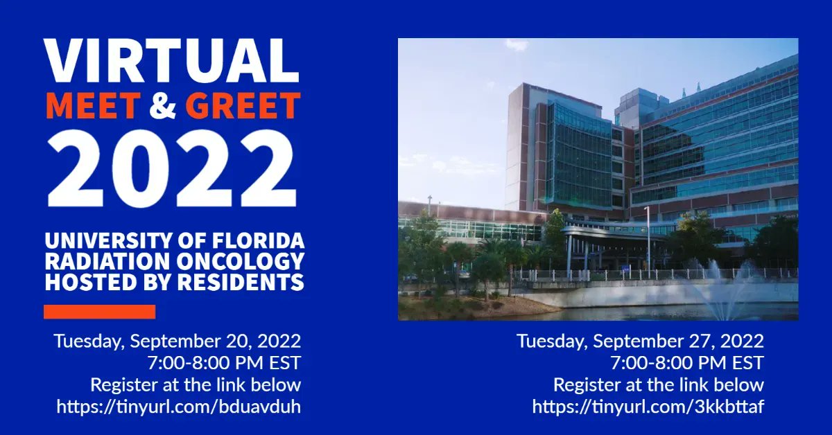 Medical students, please join us for a Radiation Oncology Virtual Meet and Greet with our residents on Tuesday 9/20 at 7 pm EST or Tuesday 9/27 at 7 pm EST.  Please register here: tinyurl.com/bduavduh (9/20) tinyurl.com/3kkbttaf (9/27)
#match2022 #radonc #MedStudent