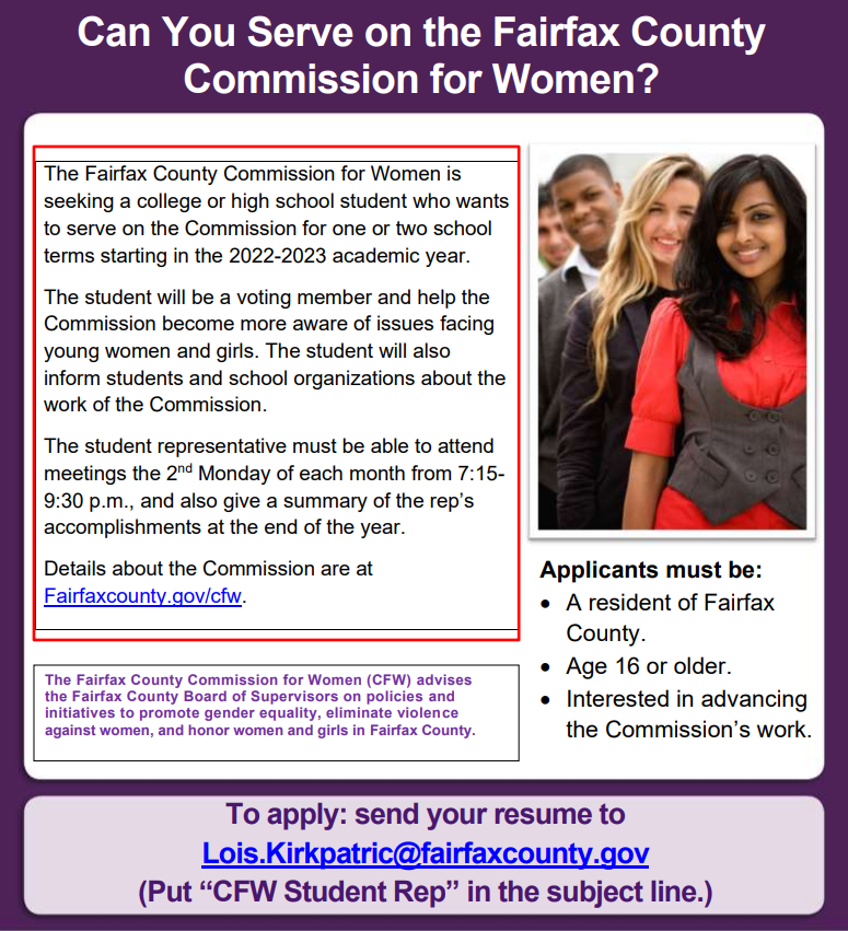 Students - Are you interested in serving with the CFW? More details are available at fairfaxcounty.gov/cfw.