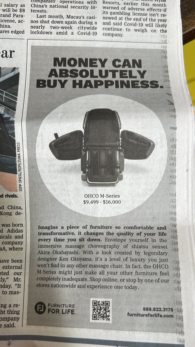 ShawkatullahMu1's tweet photo. The enlightenment chair 😀. I got this add in my @WSJ newspaper https://t.co/YMZKjNcou4