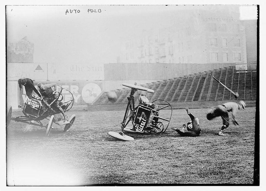 PublicDomainRev's tweet photo. Dramatic scenes from the auto polo fad of the 1910s and 20s. Reaching top speeds of 40mph, a driver would be accompanied by a malletman who would hold on to the side and attempt to hit a basketball toward the goal of the opposing team. More here: https://t.co/OZeznY70tx https://t.co/G5ECAANo07