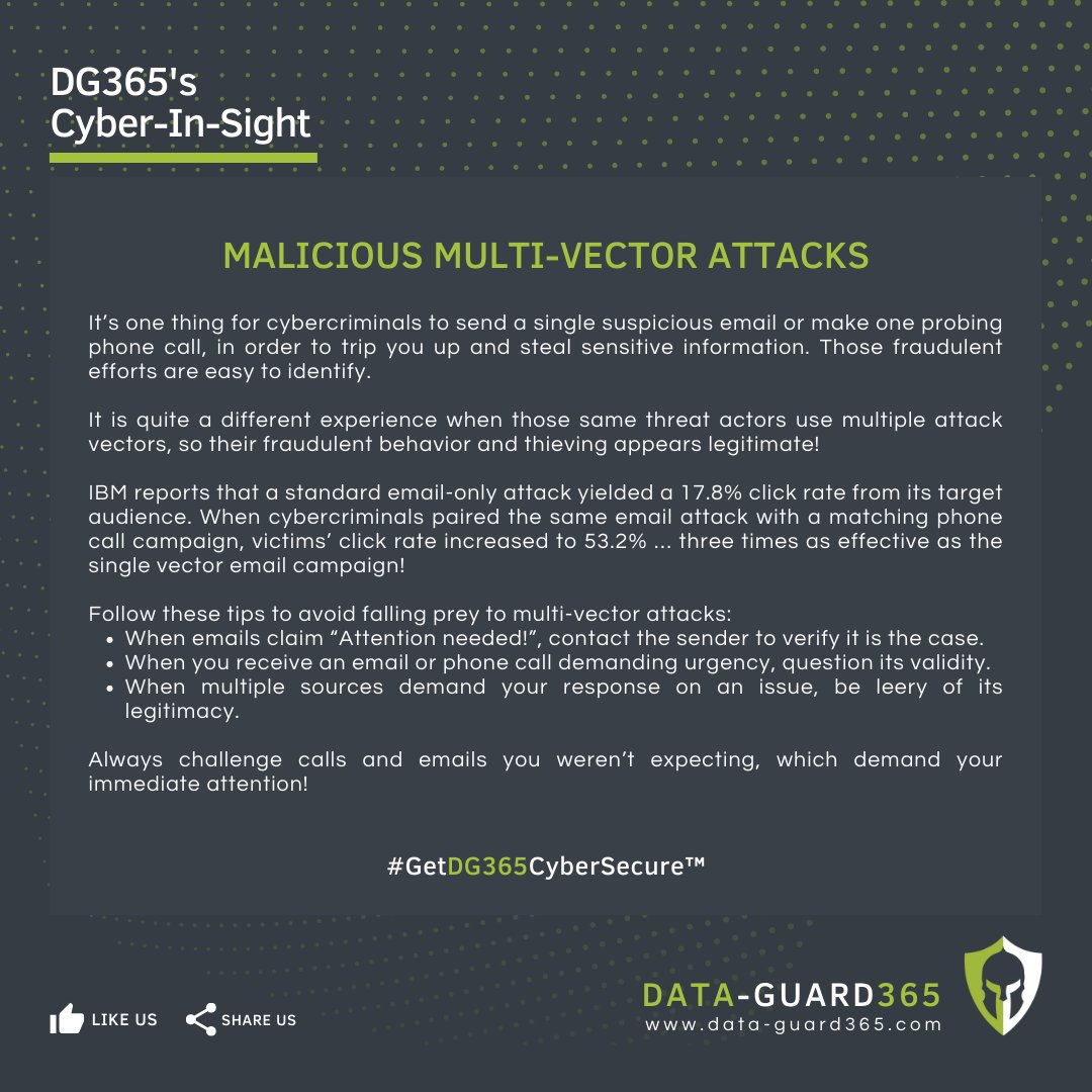 DataGuard365's tweet photo. Follow these tips to avoid falling prey to multi-vector attacks.
Like or visit us at https://t.co/4vPmW073rr
#DataGuard365 #CyberInSight #Cybersecurity #DataSecurity #DataBreach #EmployeeTraining #SecurityAwareness #CyberAware #ThreatHunting #ZeroDayVulnerabilities #MutiVector https://t.co/jm5Yf8F2to