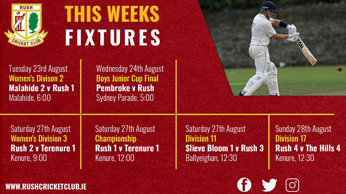 RushCricketClub's tweet photo. Best of luck to our Women’s First Team taking on @MalahideCC tonight in what is a busy week of Cricket for the club.
All Support Welcome.
#RushCC | #CricketLeinster https://t.co/GyWlTLVH8v