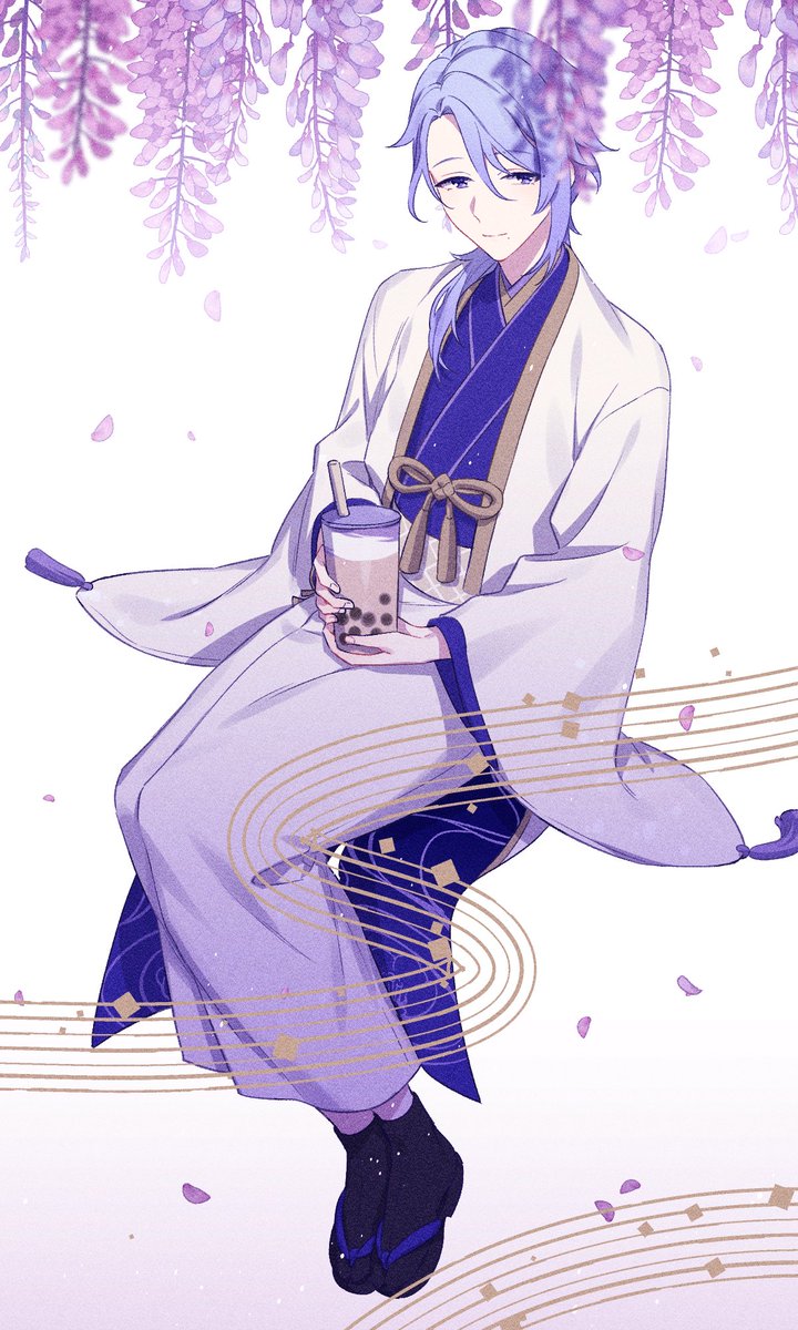 kamisato ayato bubble tea 1boy japanese clothes wisteria male focus blue hair solo  illustration images
