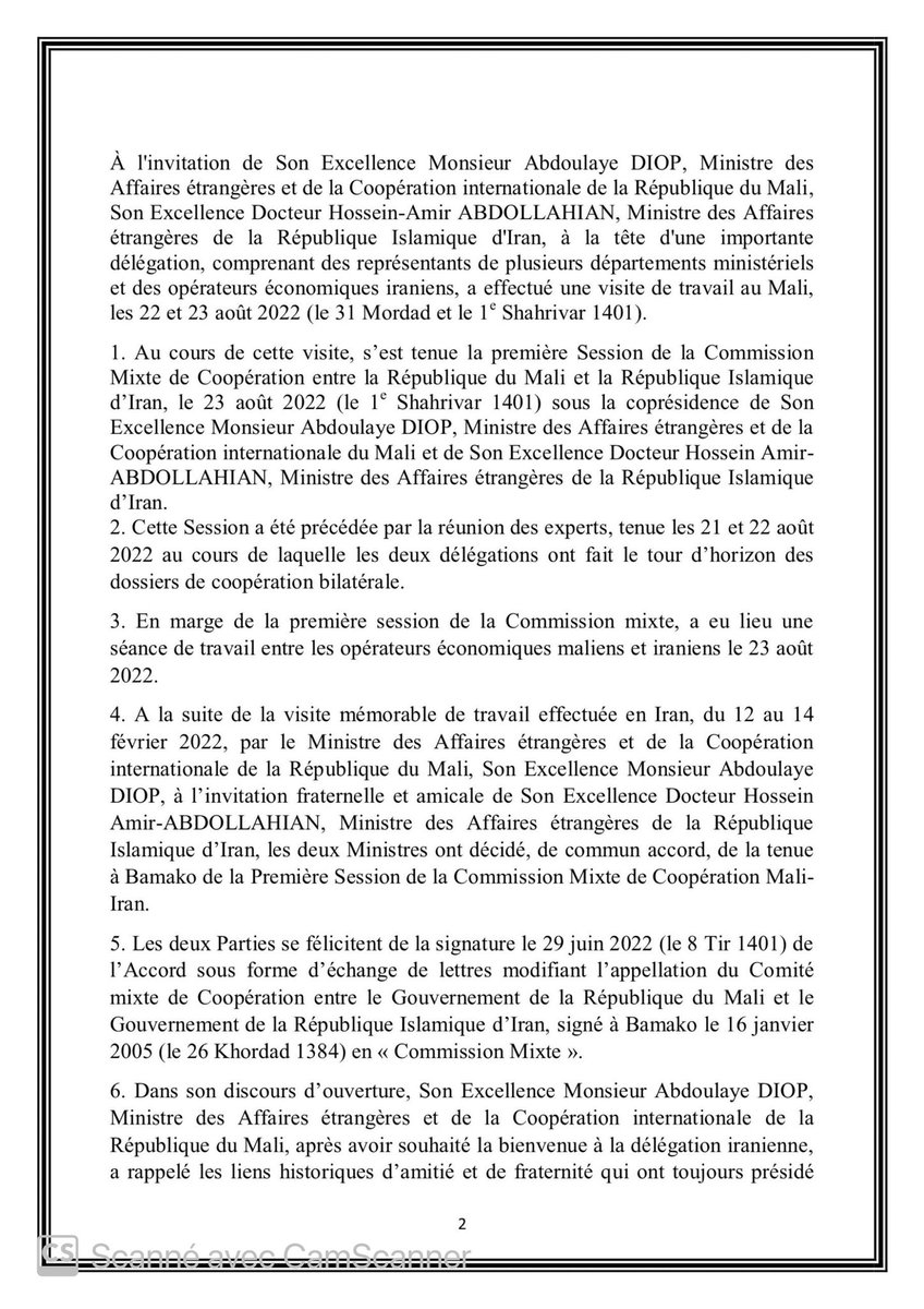 MaliMaeci's tweet photo. Communiqué conjoint issu des travaux de la première session de la Commission mixte Mali-Iran, tenue les 22 et 23 août 2022. https://t.co/PjFAROEpkZ