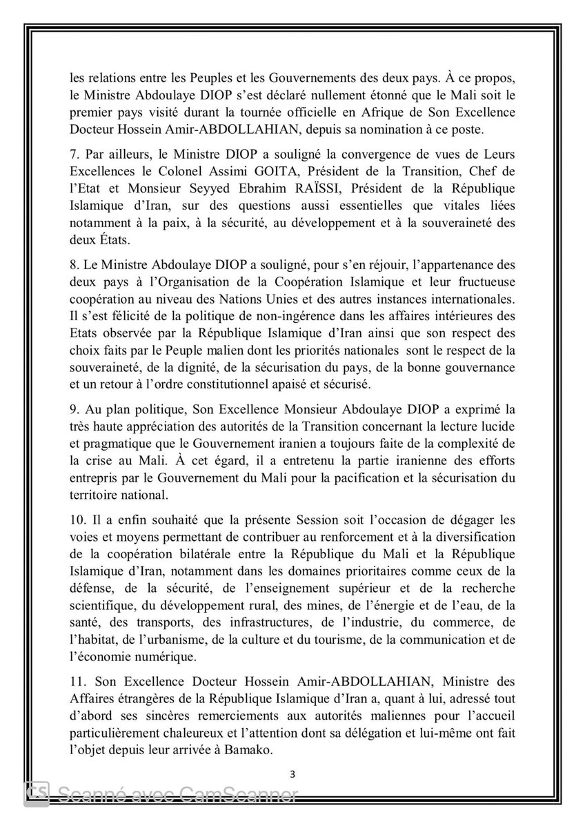 MaliMaeci's tweet photo. Communiqué conjoint issu des travaux de la première session de la Commission mixte Mali-Iran, tenue les 22 et 23 août 2022. https://t.co/PjFAROEpkZ