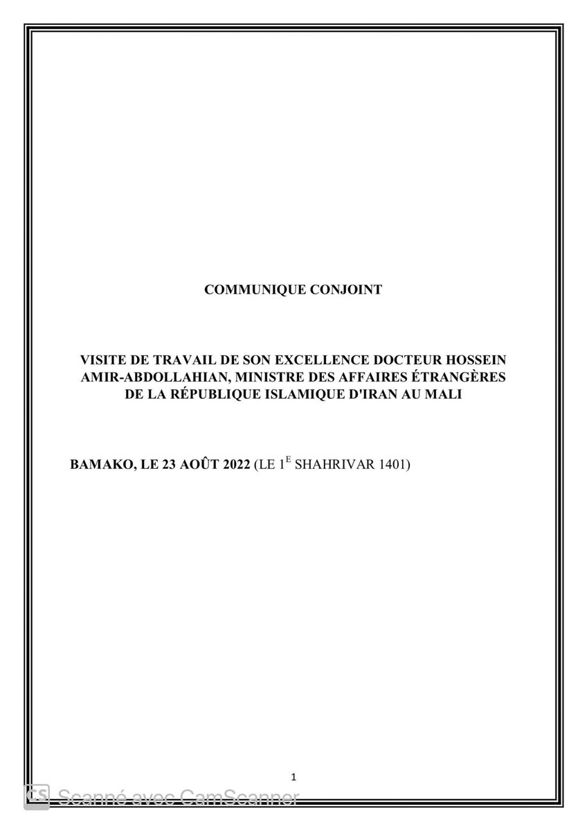 MaliMaeci's tweet photo. Communiqué conjoint issu des travaux de la première session de la Commission mixte Mali-Iran, tenue les 22 et 23 août 2022. https://t.co/PjFAROEpkZ