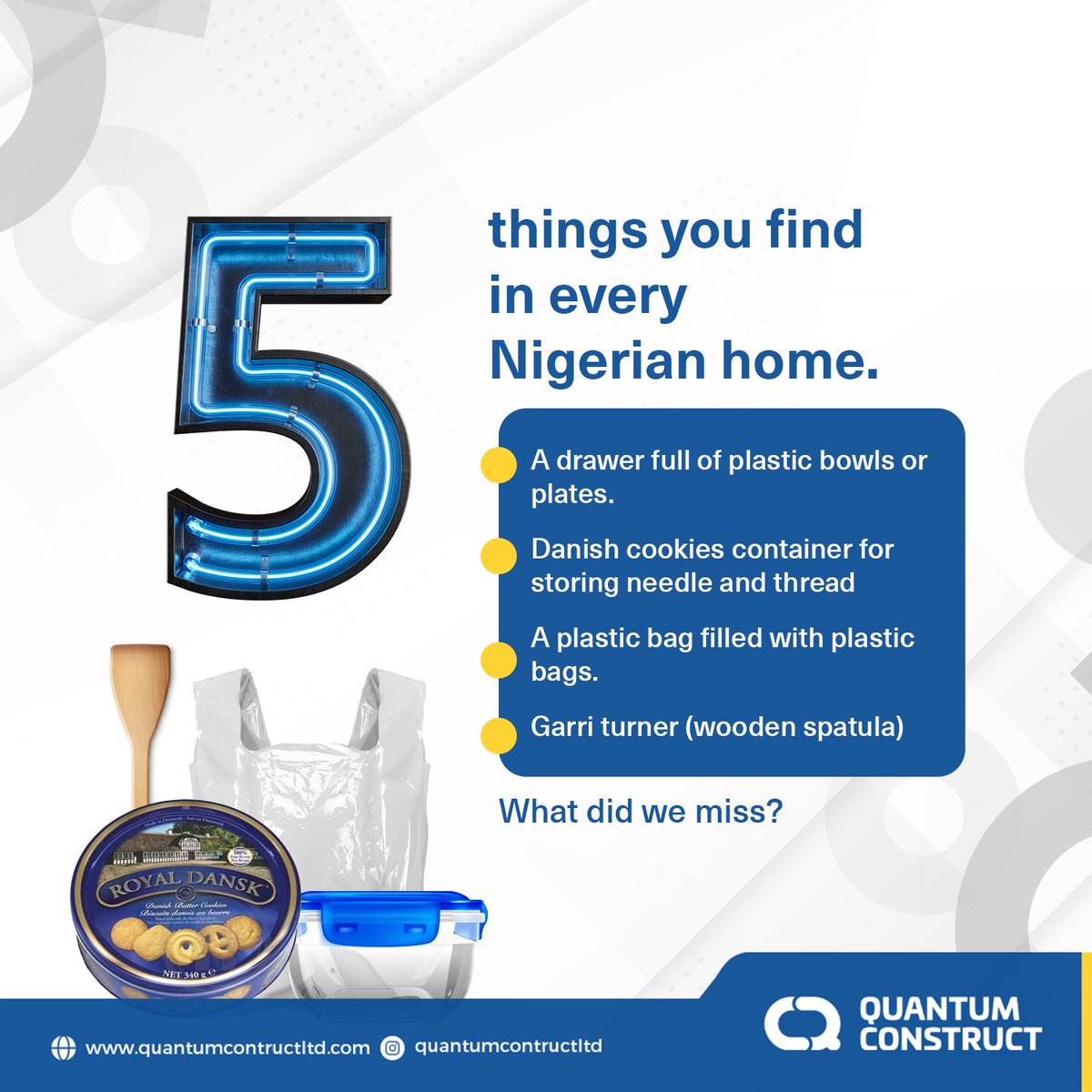 Quantum_ng's tweet photo. Every Nigerian home has at least one of the following items.
What did we miss?
Add yours in the comment section!
#realestateconstruction #investment #quantumconstruct #innovation #smarthomes #qualityliving #sustainability #abujarealestate #realtors #abujadevelopers #luxury https://t.co/S3MKq8Jew9