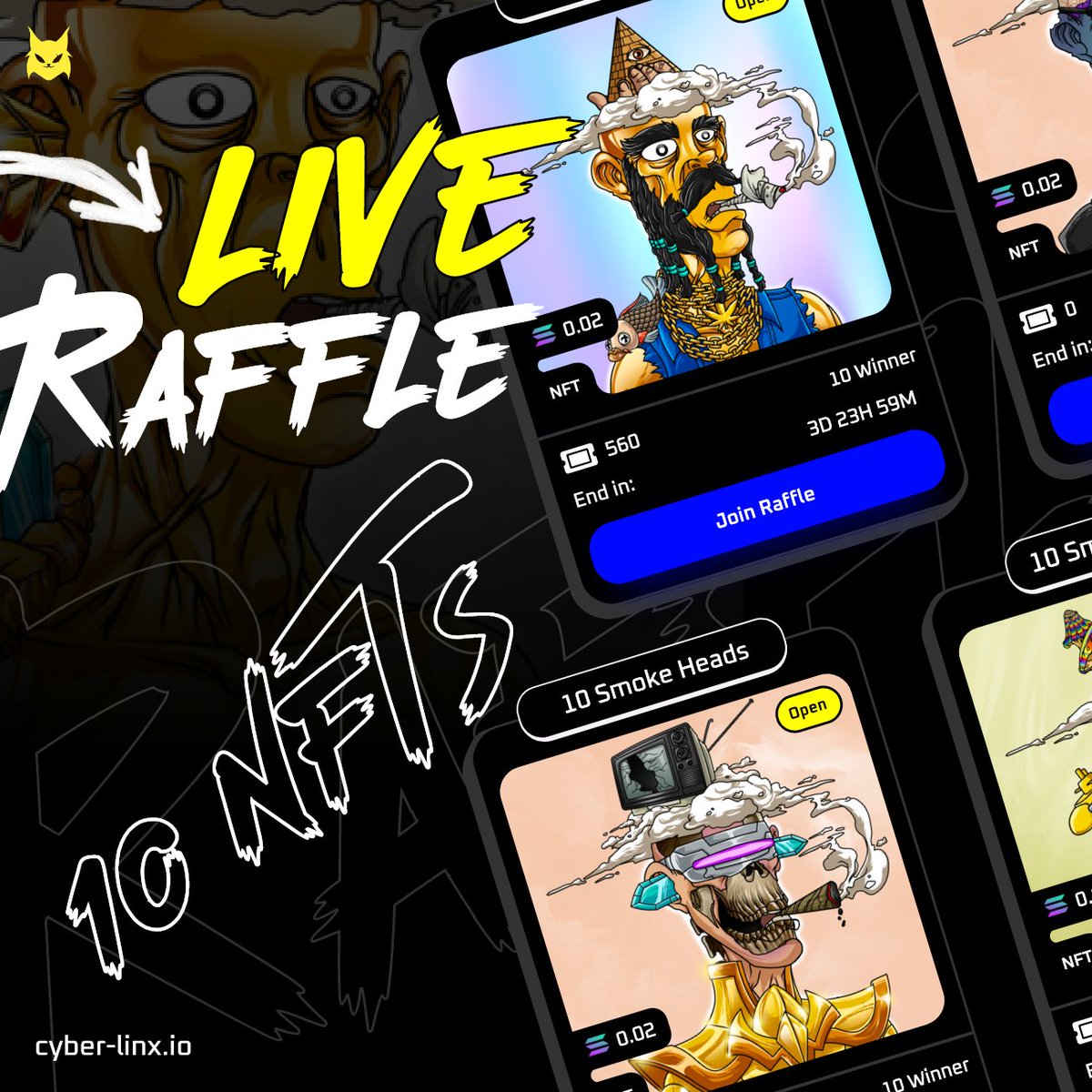 CyberlinxNFT's tweet photo. 💎What's up Cyber gang? 😼👈 Less than 2 hours to close raffles.

🛠️We are builders try this utility before mint
🎟 Smoke Heads Raffle LIVE: https://t.co/B5o8pe6Akm

🏆X10 @smokeheadsnft 

 #Solana #SolanaNFT #NFT https://t.co/0plIA5d9Qw