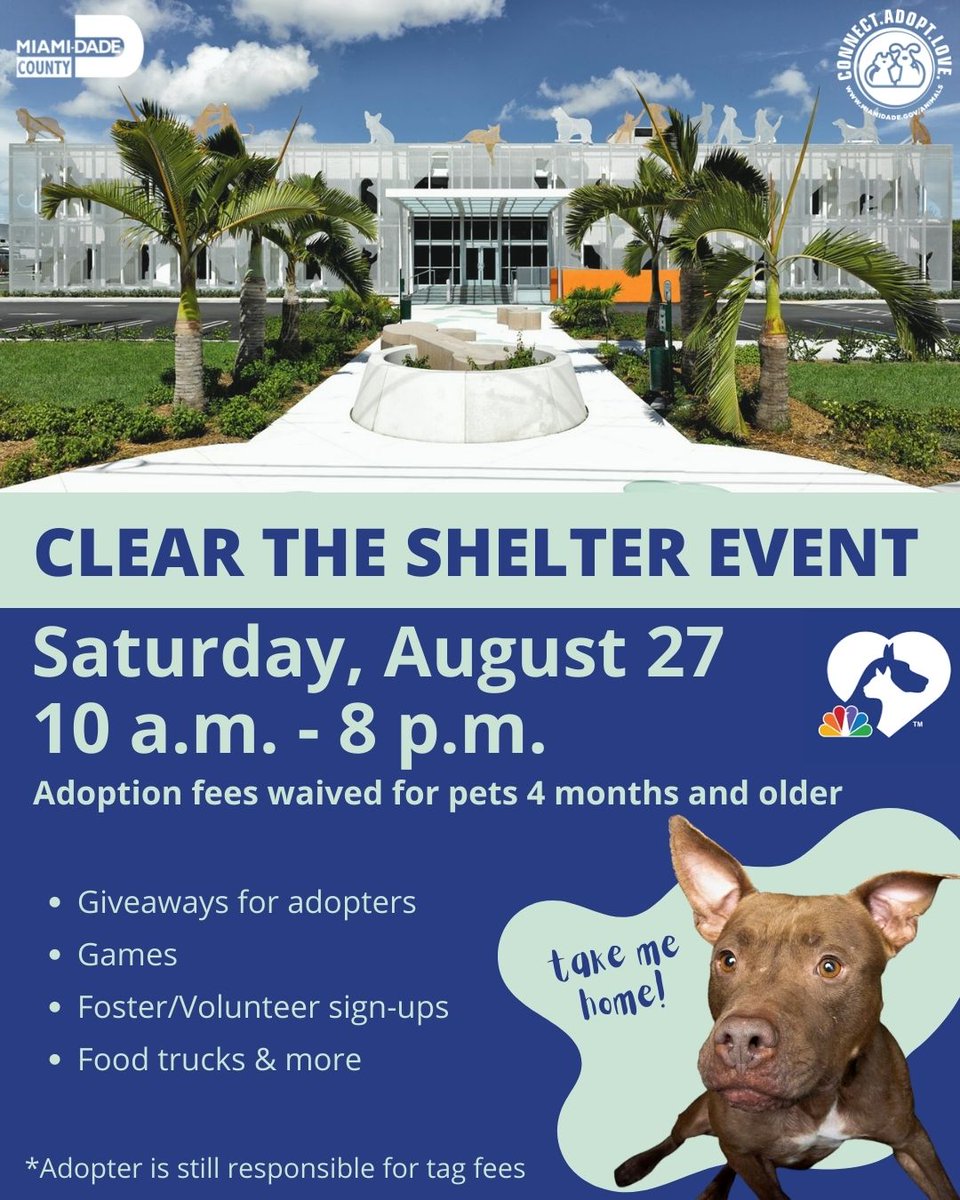 OfficialJoelF's tweet photo. .@AdoptMiamiPets is extending its hours and waiving adoption fees (pets 4 months &amp; older) this Saturday. There's over 400 pets currently available for adoption. 

Spread the word! 🐶🐈 https://t.co/ooGVO5nRg6