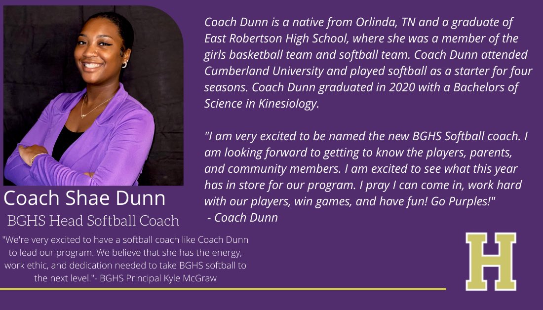 BGHSPurplesNews's tweet photo. Very excited to announce our new softball coach! Welcome to BGHS, Coach Dunn! https://t.co/mC4phXNTZo