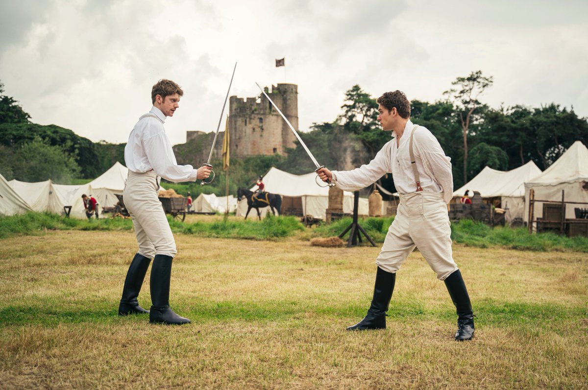 Eagle eyed TV viewers may have noticed that our very own Caldicot Castle had a starring role this year on season 2 of @Sanditon. It's the location for all the army camp scenes, so pops up quite often in the background. Here it is judging a fencing match: