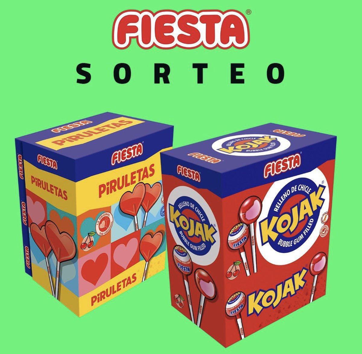 FIESTA_es's tweet photo. SORTEO VERANIEGO!! 🍀🍀

Quieres ganar un lote de kojak y otro de piruletas? ❤️🍭

🍭 Haz RT 🔄
🍭 Síguenos en @FIESTA_es 
🍭 Comenta cuál es tu producto fiesta favorito ☀️🌞 https://t.co/gZs6o5KWCp