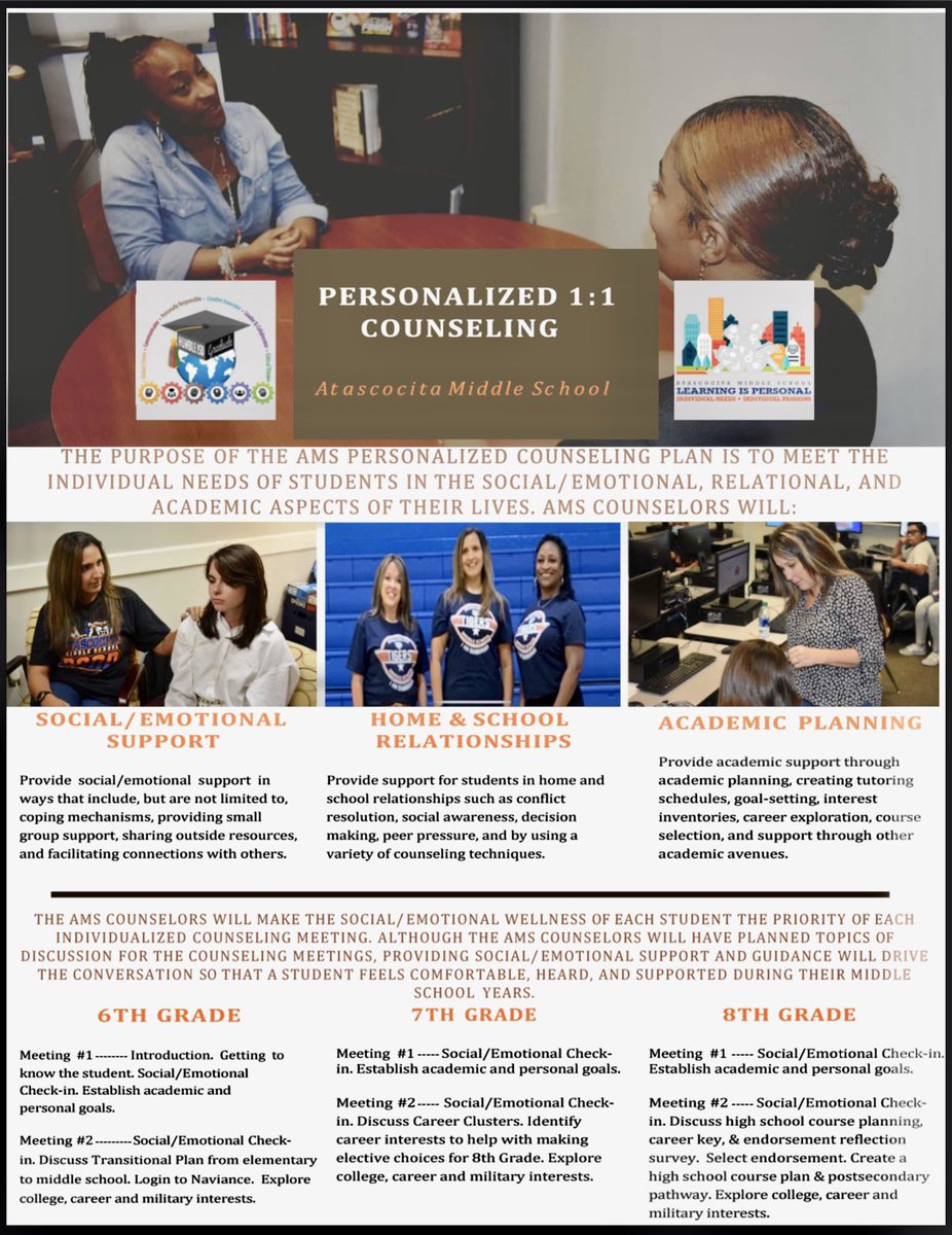 AMS7th's tweet image. Personalized 1:1 Counseling is underway @ AMS! We want to meet the individual needs of students in the social/emotional, relational, &amp;amp; academic aspects of their lives! Click on the picture to find out how. 🎓🌎
#LearningIsPersonal
#HumbleISDCounselors
#PersonalizedCounseling