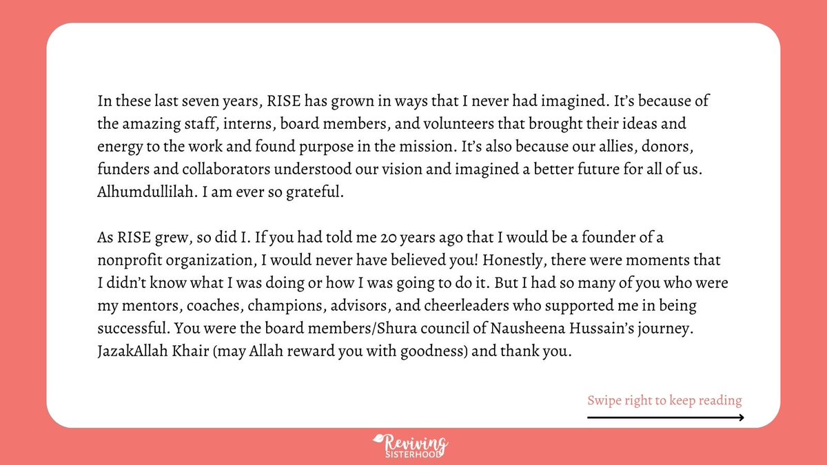 RISEsisterhood's tweet photo. We are saying goodbye to our beloved Founder &amp; Executive Director Emerita Nausheena Hussain. Since our first meeting in 2015, she has piloted RISE on a transformational journey. We owe her so much. Nausheena, thank you for being our Shero.

Read Nausheena's farewell letter: https://t.co/8JX4V98CkI