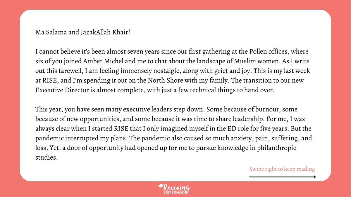 RISEsisterhood's tweet photo. We are saying goodbye to our beloved Founder &amp; Executive Director Emerita Nausheena Hussain. Since our first meeting in 2015, she has piloted RISE on a transformational journey. We owe her so much. Nausheena, thank you for being our Shero.

Read Nausheena's farewell letter: https://t.co/8JX4V98CkI