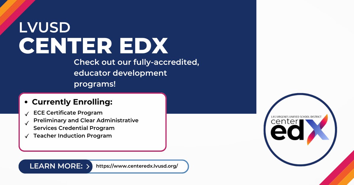 LVCenterEdX's tweet photo. Thinking about building your capacity as an educational leader? LVUSD Center EdX offers fully-accredited educator preparation programs. #lvusd https://t.co/Hv5yIAqaun