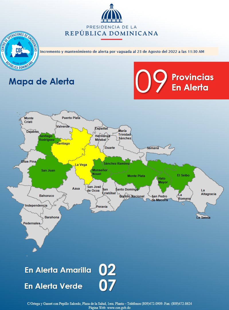 COE_RD's tweet photo. En alerta amarilla 🟡 están:

Santiago 
La Vega

Mientras que en alerta verde 🟢están:

El Seibo 
Monte Plata
Monseñor Nouel
Hato Mayor
Sánchez Ramírez 
Santiago Rodríguez 
San Juan https://t.co/eMg2oO7RwG
