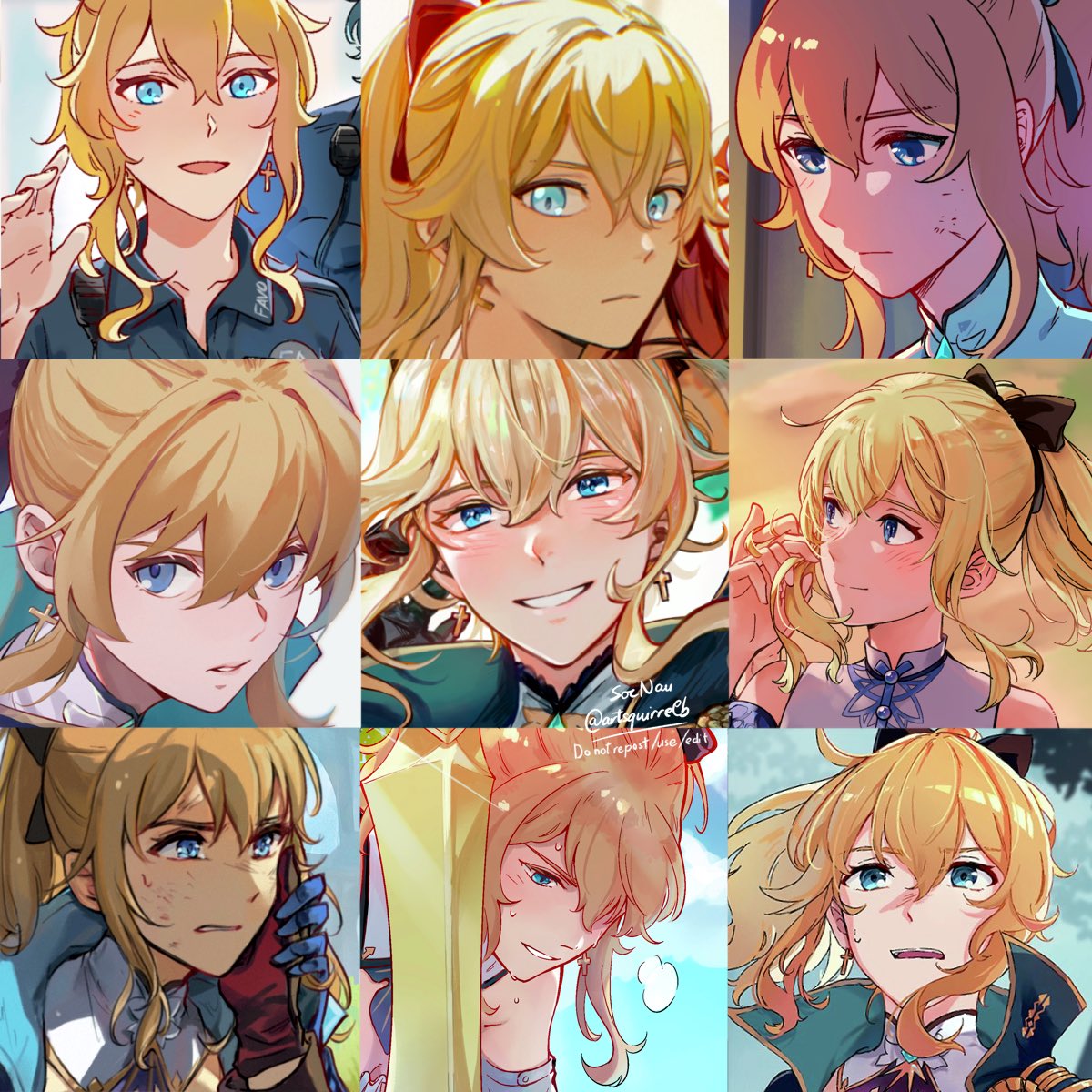 jean (genshin impact) cross earrings blonde hair blue eyes ponytail hair bow bow jewelry  illustration images