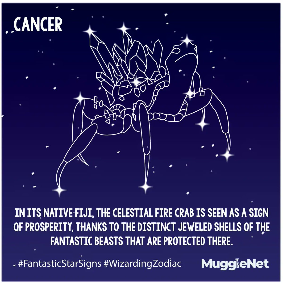 MuggleNet's tweet photo. The celestial Fire Crab is a sign of prosperity. Did you know that the real #FireCrab defends itself in a rather unique way? When threatened, it shoots fire out of its behind! #FantasticStarSigns #WizardingZodiac https://t.co/ec2NuSHIZZ