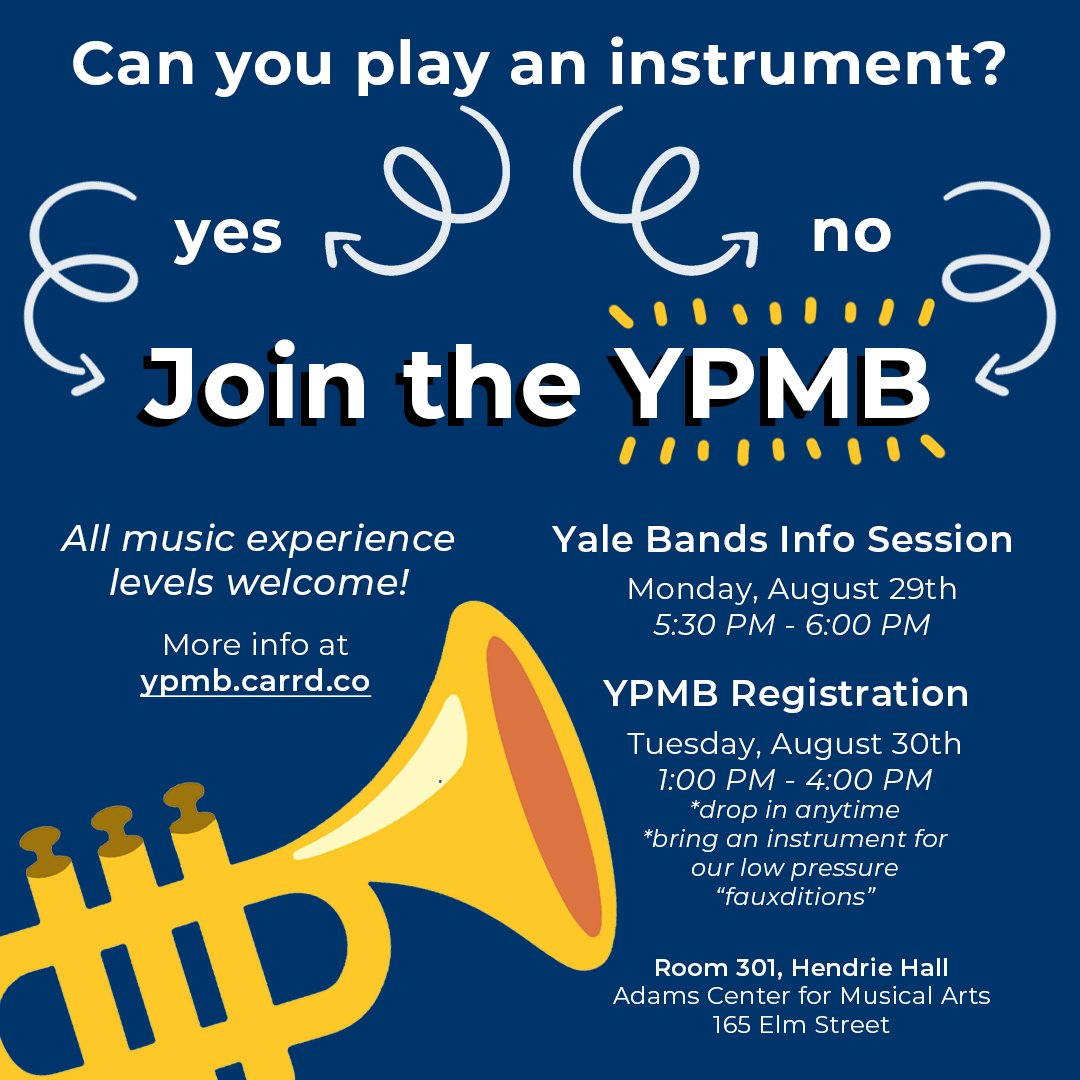 YaleYPMB's tweet photo. Hey #yale2026!

Are you interested in making music, memories, and money? The YPMB can provide two of those three 😉

Whether it's playing music, arranging this summer's hits, producing a half time show, or creating giant props, the Yale Precision Marching Band has a spot for you! https://t.co/xnanE4L7oL