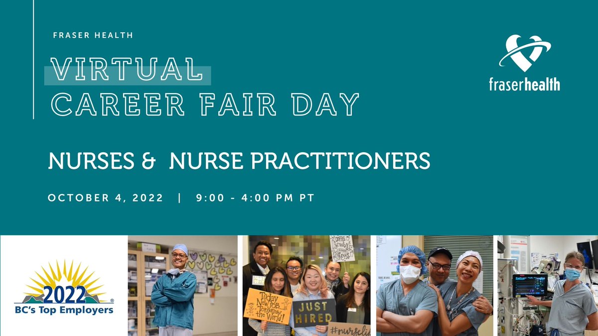 #Nurses and #NursePractitioners: mark your calendars for October 4. We are hosting our very own #VirtualCareerFair Day!

Time slots with our recruiters are limited and are filling up quick, so register early! ow.ly/Vbza50Kop4m

@HealthMatchBC @Fraserhealth @nnp_bc