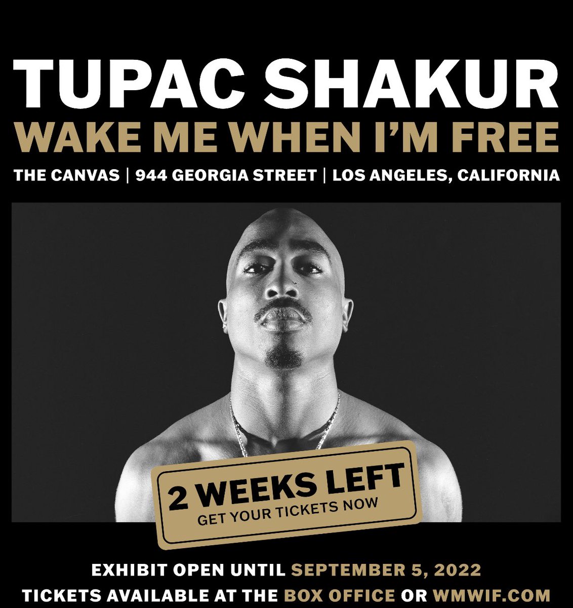 Two weeks left, don’t miss your chance to see the groundbreaking Tupac Shakur- Wake Me When I’m Free museum experience. 

Get your tickets now at wmwif.com. 

#tupac #wakemewhenimfree #closingsoon #thankyouLA