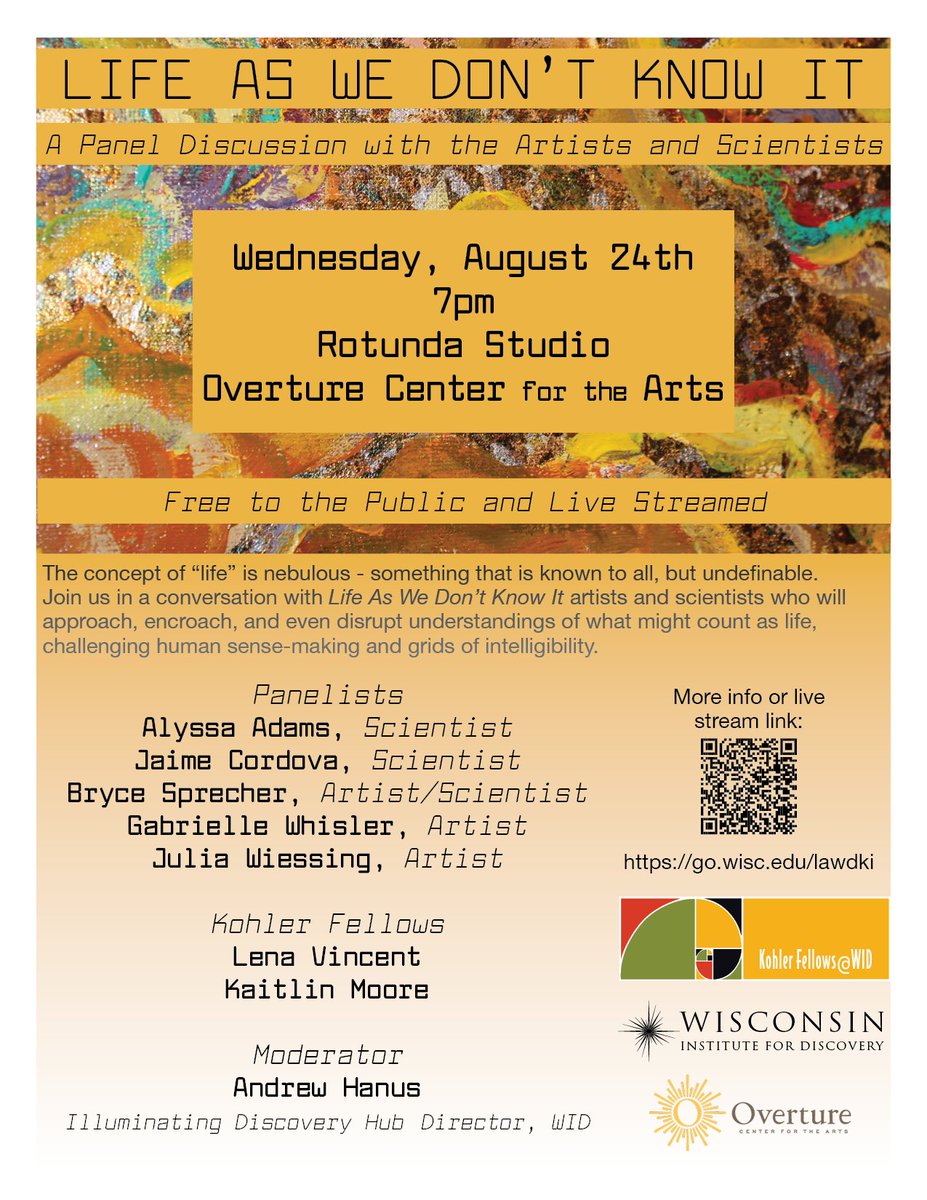 OoLALA at UW-Madison (@uw_oolala) on Twitter photo Join #OoLALA artists and scientists tomorrow (Aug. 24th) <a href="/OvertureCenter/">Overture Center for the Arts</a> (or virtually) at 7PM CDT for a conversation about the "Life As We Don't Know It" exhibition and about what (else) might count as life! More information at go.wisc.edu/lawdki Join #OoLALA artists and scientists tomorrow (Aug. 24th) <a href="/OvertureCenter/">Overture Center for the Arts</a> (or virtually) at 7PM CDT for a conversation about the "Life As We Don't Know It" exhibition and about what (else) might count as life! More information at go.wisc.edu/lawdki