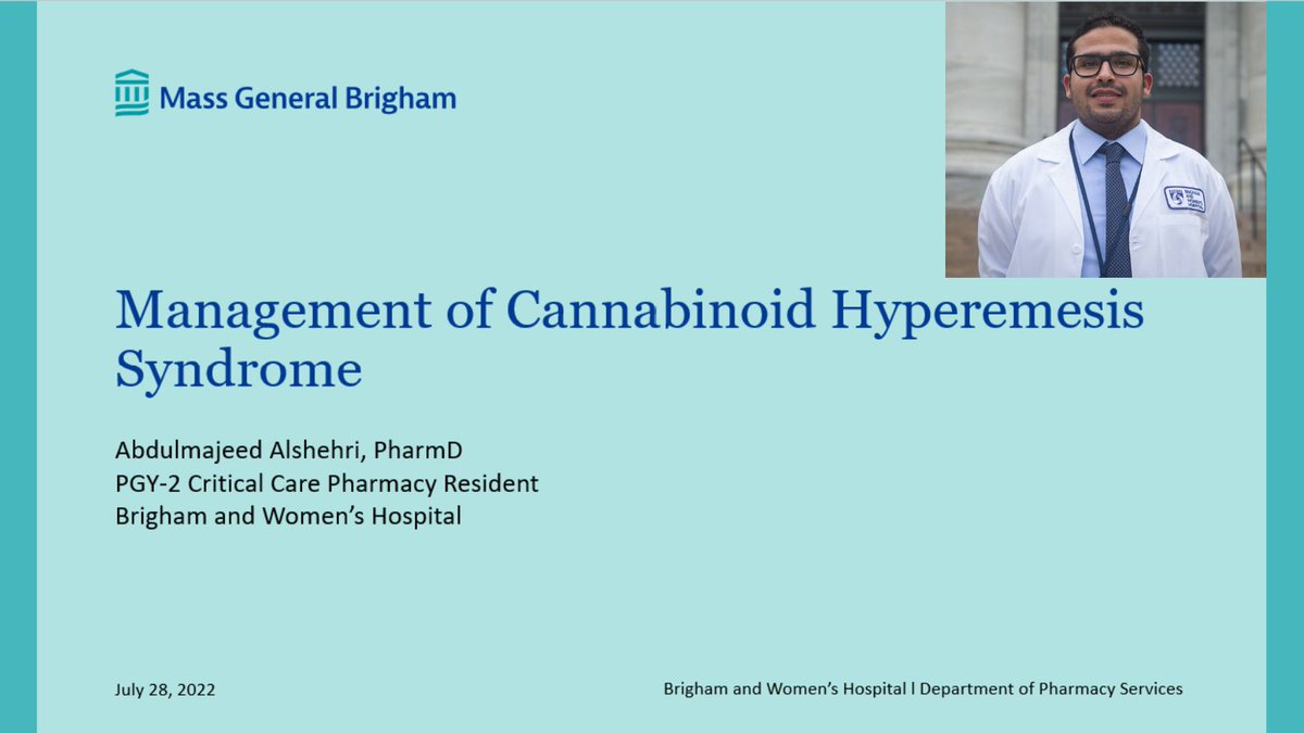 New year, new presentations! Thank you <a href="/abdulmajeed483/">Abdulmajeed Alshehri</a> for a discussing the management of cannabinoid hyperemesis syndrome (CHS)! #TwitterRx #PharmRes