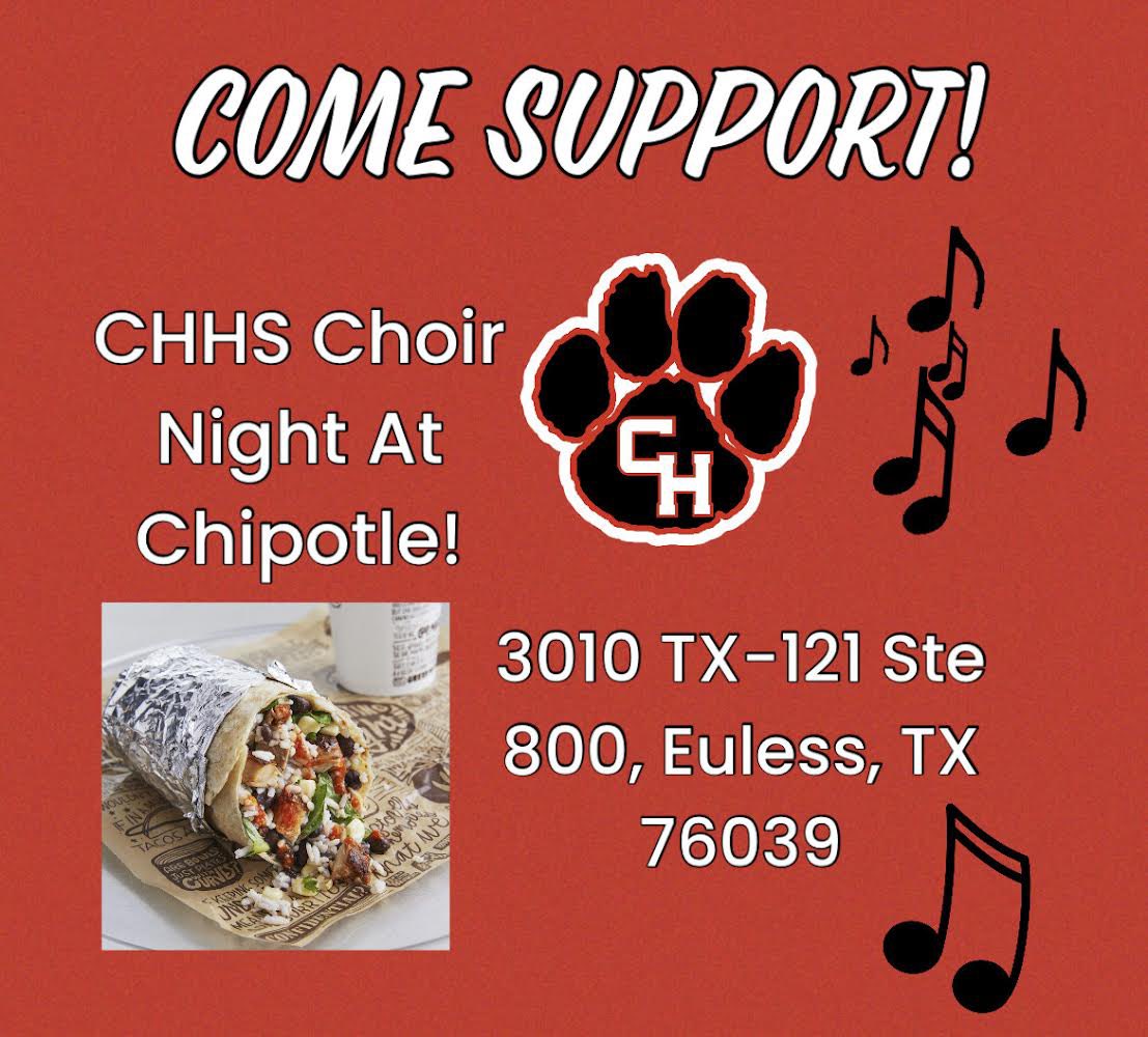 Come support CHHS Choir at the Euless Chipotle from 4-8! #pantherchoir #chipotle