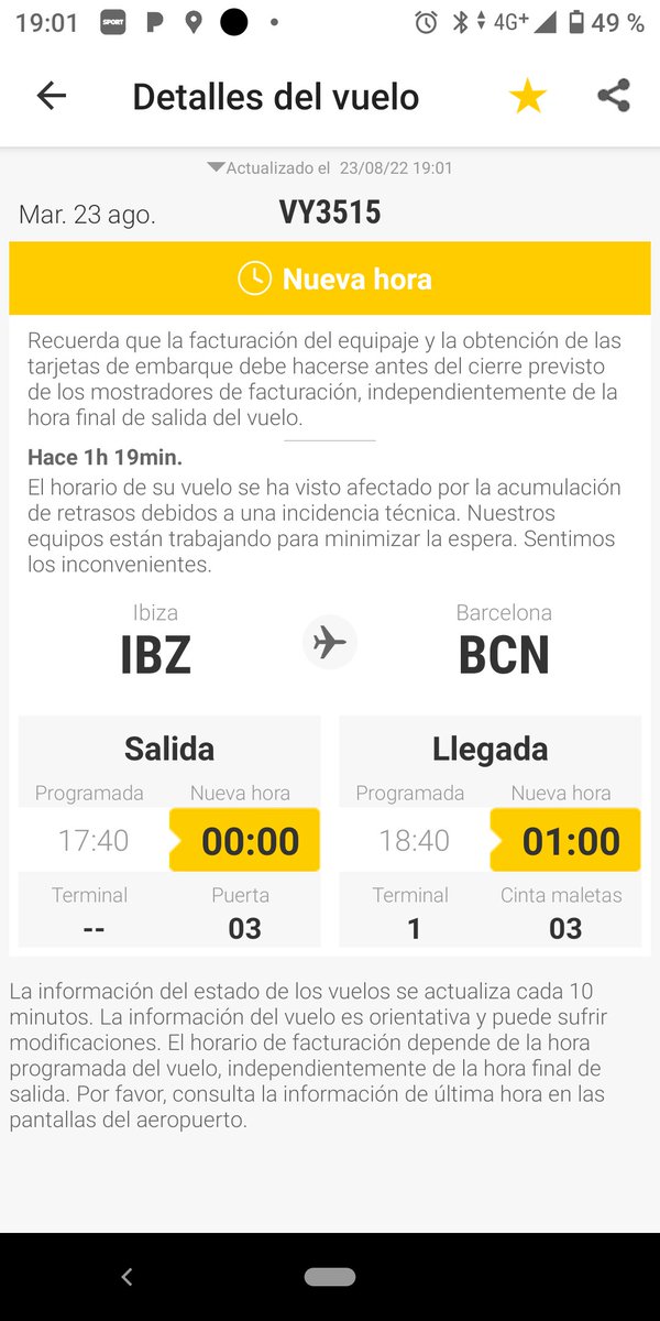 Marcos_escano's tweet photo. Seguimos con los retrasos de #vueling , el vuelo #VY3515 que tenía que salir de Ibiza a Barcelona a las 17:40... nueva hora, la 01:00... del día siguiente 
Es "magnífico" viajar con esta compañía. https://t.co/GmGNB4rBIr https://t.co/L4p2FBO7vN