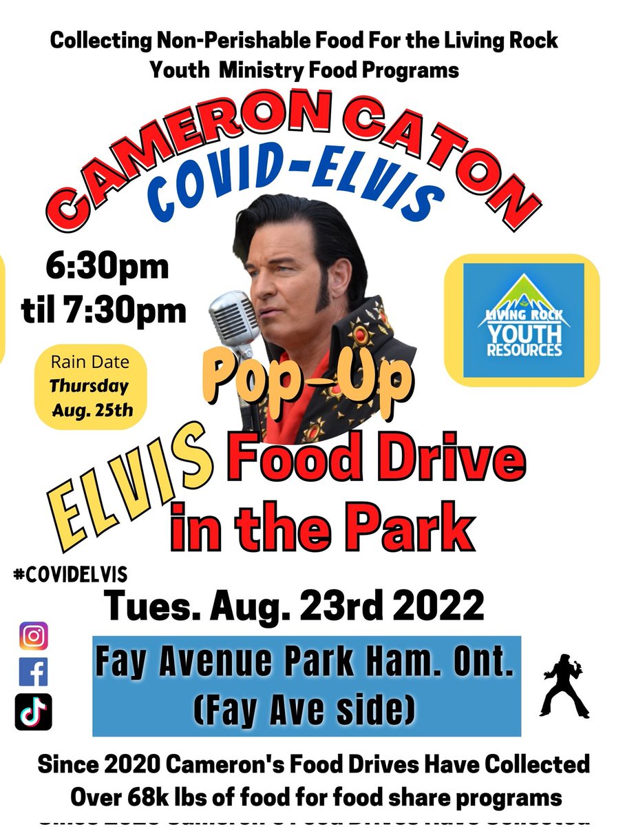 CovidElvis's tweet photo. Food drive in the park today at 6:30pm #HamOnt #Canada join me for 1 hour of music. Collecting non-perishable food for @LivingRockHamON https://t.co/GOhWPMMozZ