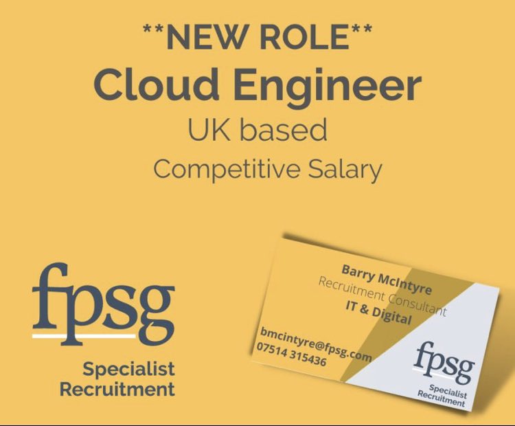 Cloud Engineer
UK - remote 

bmcintyre@fpsg.com
07514 315436

fpsg.com/cloud-engineer…      #cloudengineer #IT_fpsg #cloudinfrastructure #Azure #UKtech #Azurejobs