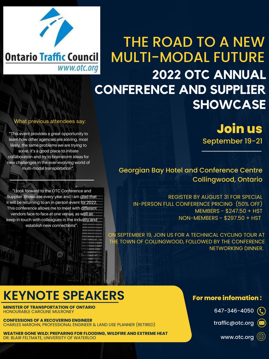 ontariotraffic's tweet photo. Please join us September 19-21 at the Georgian Bay Hotel and Conference Centre in Collingwood, Ontario. Contact traffic@otc.org to register! 
#event #traffic #Transportation #innovation #otc #ontariotrafficcouncil https://t.co/UigC5vTC1t