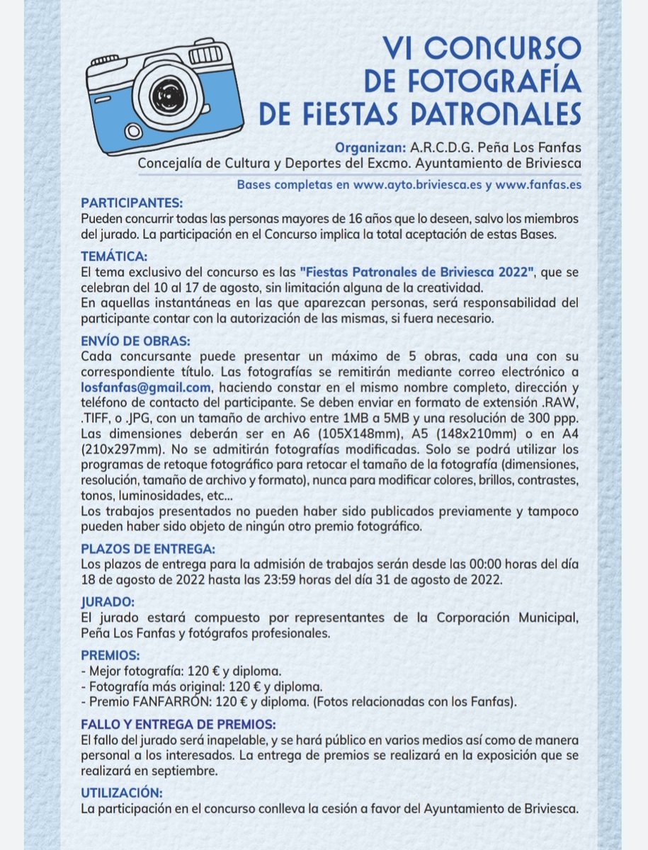 👉Si tienes Fotos #BriviescaFiestas2022 participa en el VI CONCURSO FOTOGRÁFICO📸FIESTAS PATRONALES BRIVIESCA 2022🎉
Hasta el 31 de Agosto mándanos tus fotos a losfanfas@gmail.com
➡️Organiza; Concejalía Cultura y Deporte Ayto de #Briviesca
➡️Colabora; ARCDG Peña Los Fanfas.🍾🥂