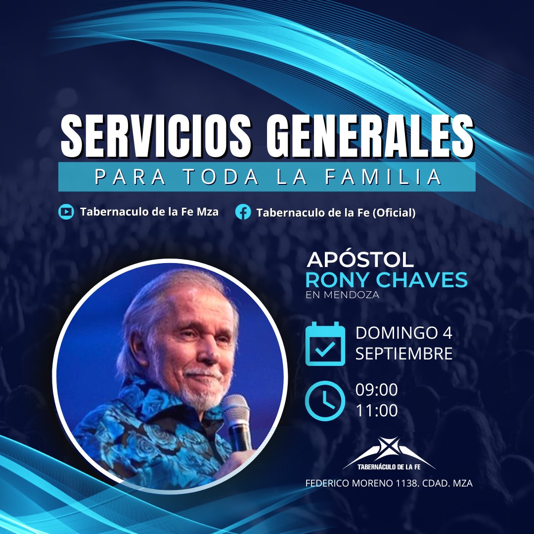 tabdelafe_mza's tweet photo. Preparate para el primer Domingo de #Septiembre, donde nos visitará el Ap. Rony Chaves y todo su equipo, con un fuerte mensaje de parte de Dios para tu vida.

Agendá esta fecha y sé parte de una mañana del #EspírituSanto. ¡Te esperamos! https://t.co/hR78TsEYxO