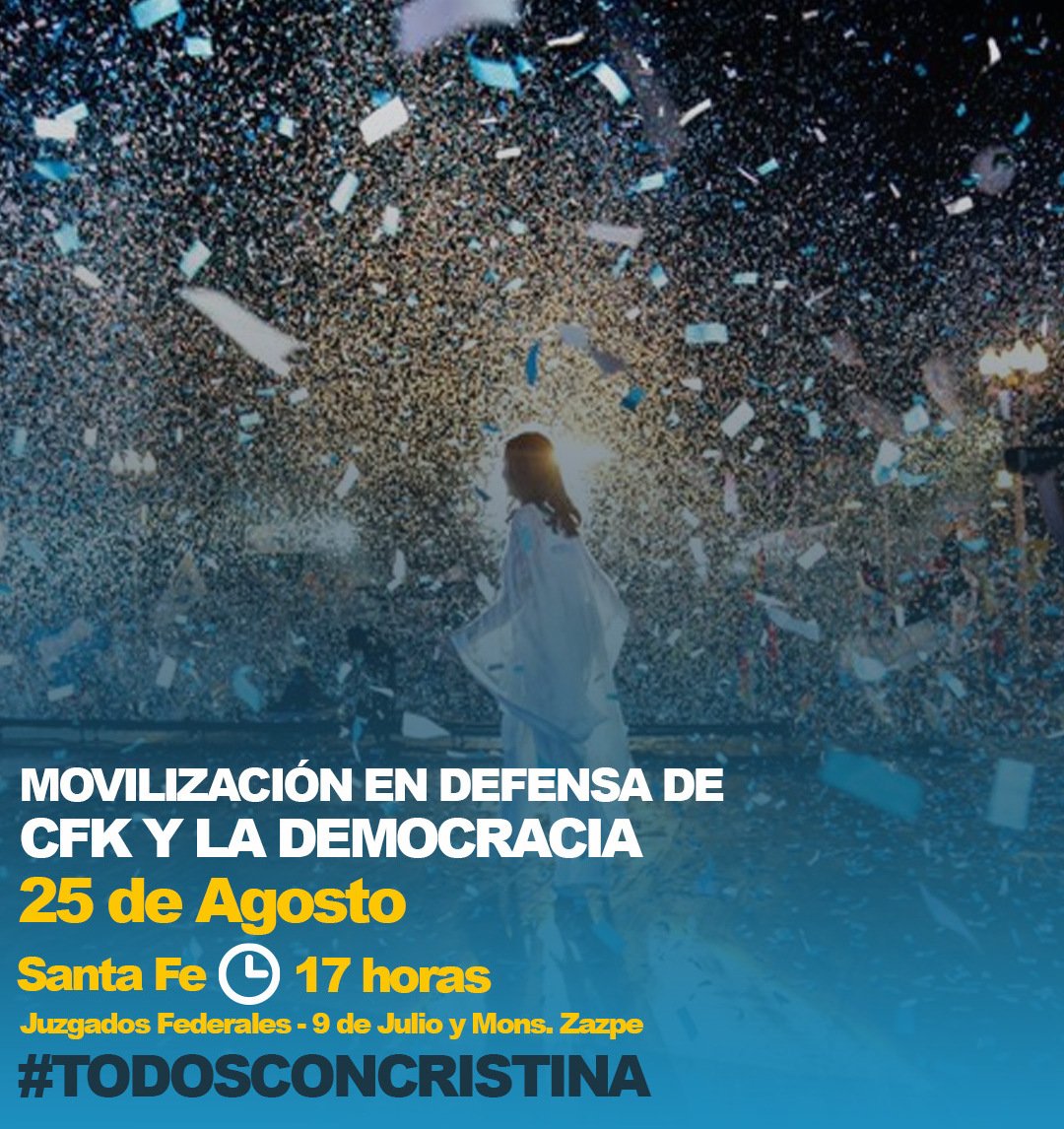 leandrobusatto's tweet photo. ‼️ Marchamos en Santa Fe en defensa de la democracia y de @CFKArgentina.

Contra el lawfare.
Contra la persecución judicial.

🗓️ Jueves 25 de agosto
🕔 17 horas
📌 Juzgados Federales de Santa Fe (Monseñor Zazpe y 9 de Julio)

¡Sumate!

#TodosConCristina
#TodosConElIa https://t.co/gMI5iNKfvJ