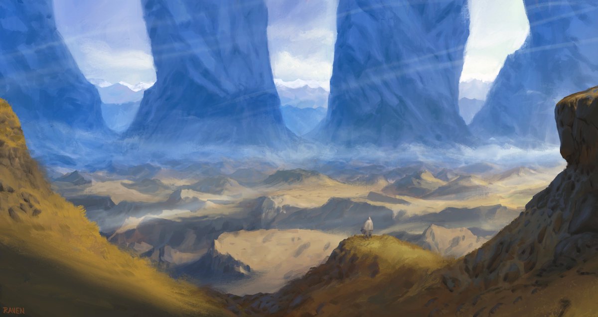 Massive pillars of rock rise up in the distance. What sort of vast landmass did they once support before the world's ceiling caved in...? First painting I finished on my new Ipad from a little while back :)