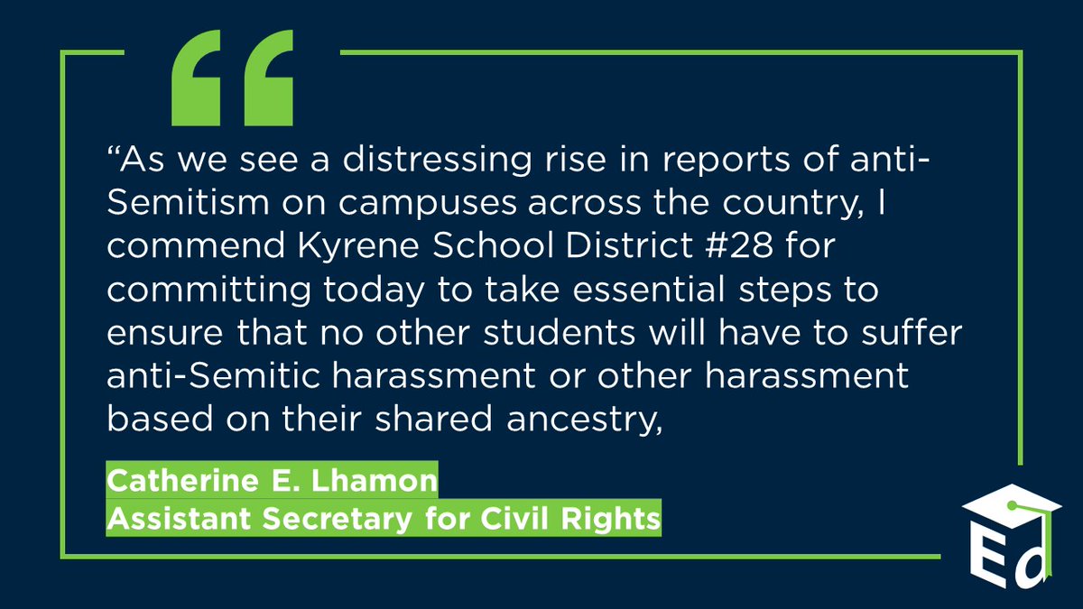 OCR has resolved an investigation of Kyrene School District #28 (AZ), finding the district did not respond appropriately to ongoing anti-Semitic harassment, in school &amp; online. Press release: ed.gov/news/press-rel… (1/3)