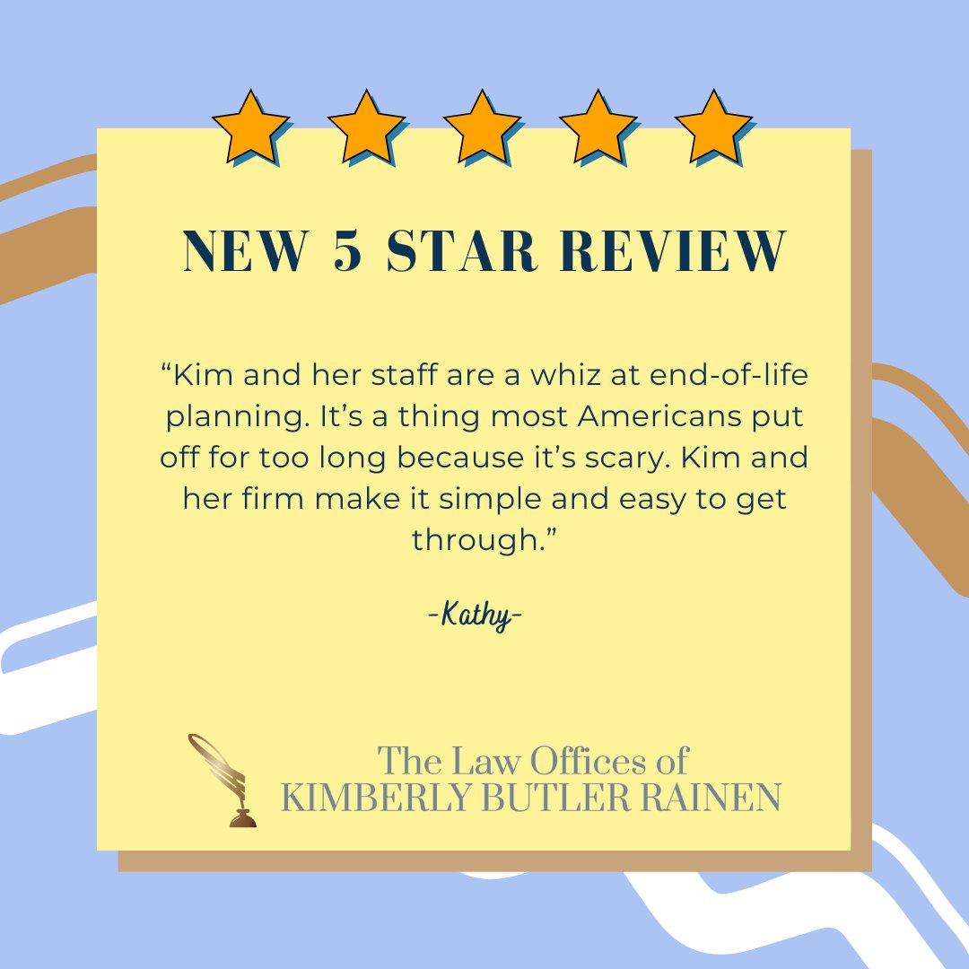 KBRainen's tweet photo. It's #TestimonialTuesday!

Thank you Kathy for the ⭐️⭐️⭐️⭐️⭐️ Review: Kim and her staff are a whiz at end-of-life planning. It’s a thing most Americans put off for too long because it’s scary. Kim and her firm make it simple and easy to get through. https://t.co/YcsnfUsEzD