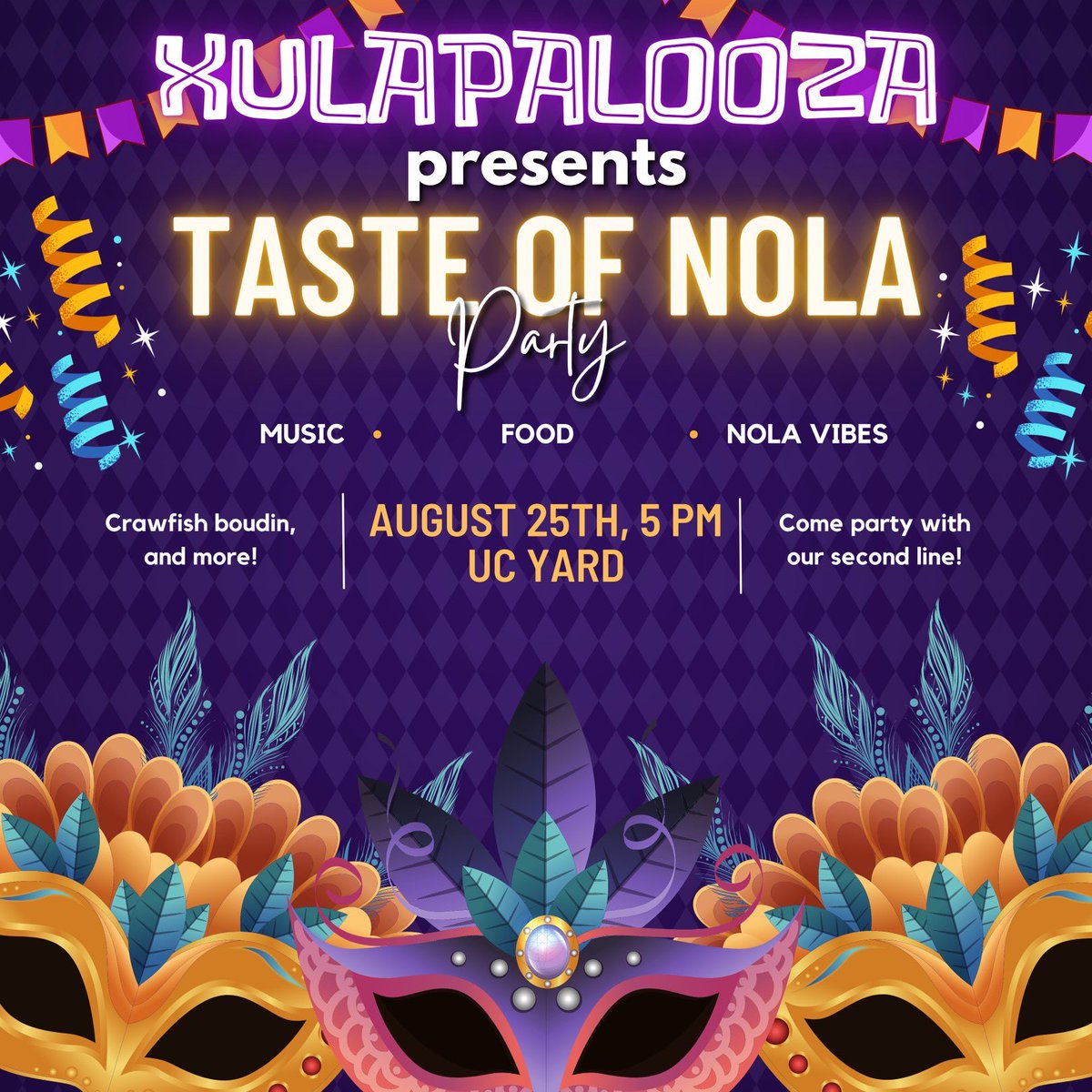 XULARoyalCourt's tweet photo. COME ON DAY 5 OF WELCOME BACK WEEK! 🤩🤩🤩 XAB x SGA presents the Taste of NOLA! Join us on the UC Yard for NOLA vibes! Thursday, August 25th at 5pm, on the UC Yard! Meet us there!💜 @XULASGA @XABoard https://t.co/9CIQowkN4g