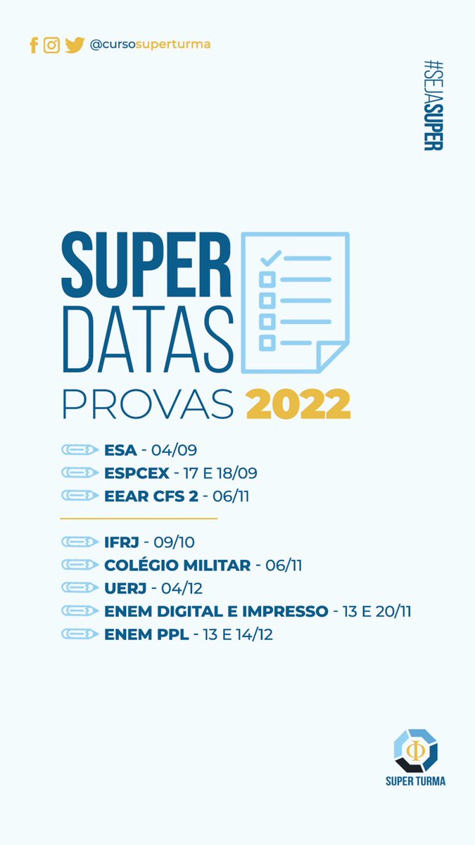 cursosuperturma's tweet photo. 🚨Atenção Galera 🚨 

SUPER DATAS - PROVA 2022 📝

#educação #esa #espcex #eear #ifrj #cmrj #uerj #enem #superturma https://t.co/hG0nDzGWfU