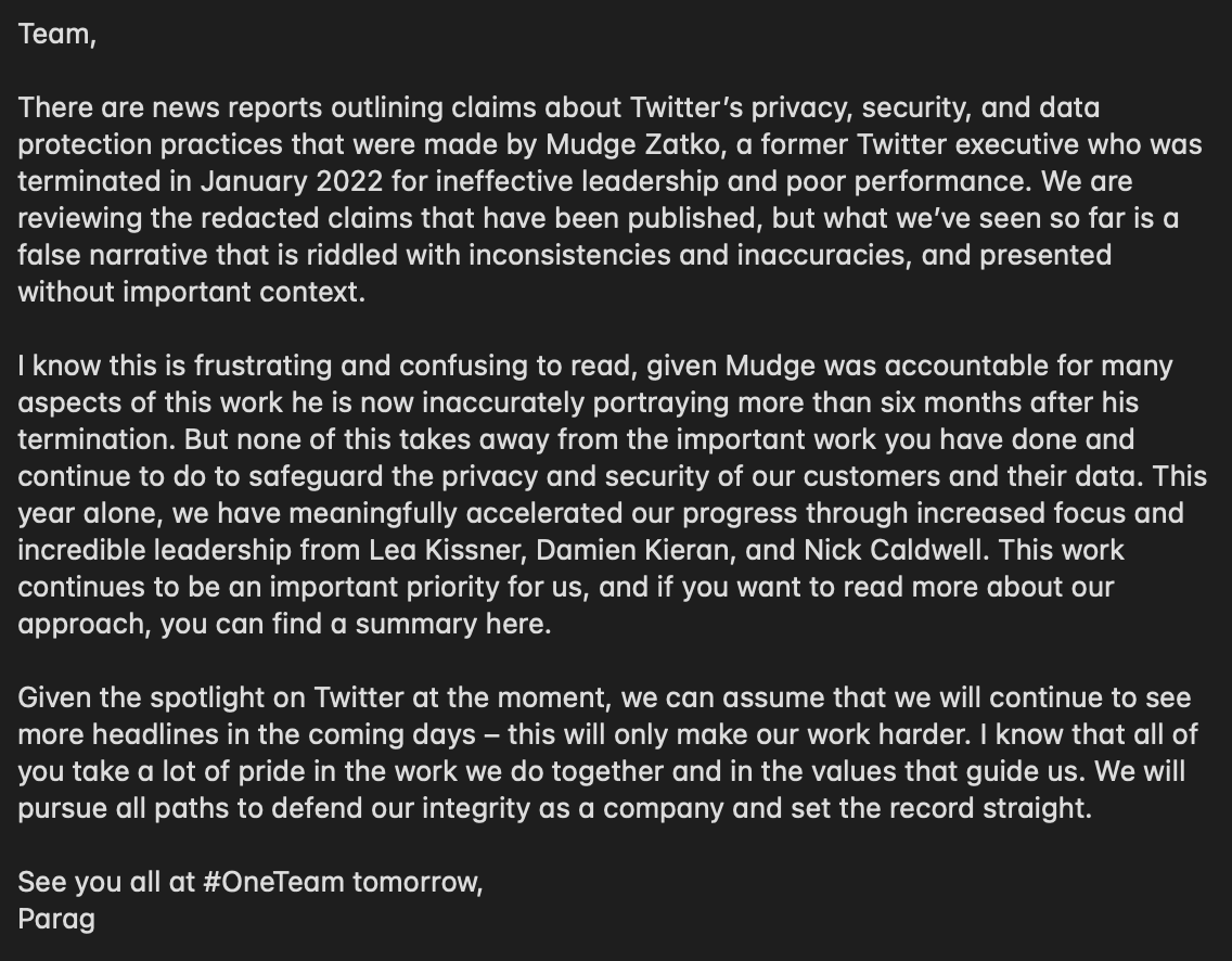Here is the email Twitter CEO @paraga sent to employees this morning. The news cycle around the whistleblower will 'make our work harder,' he says. h/t @donie who had this much earlier than I did!