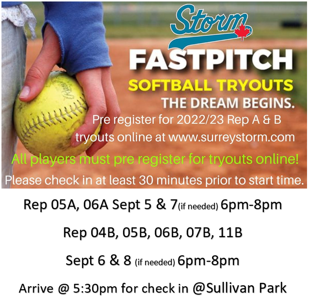 Storm_Fastpitch's tweet photo. @Storm_Fastpitch Tryout dates and times have been announced, please register online at https://t.co/46HtpXNlJT. Don't forget to arrive at 5:30pm for a 6pm start time! https://t.co/3r2b56a6eS