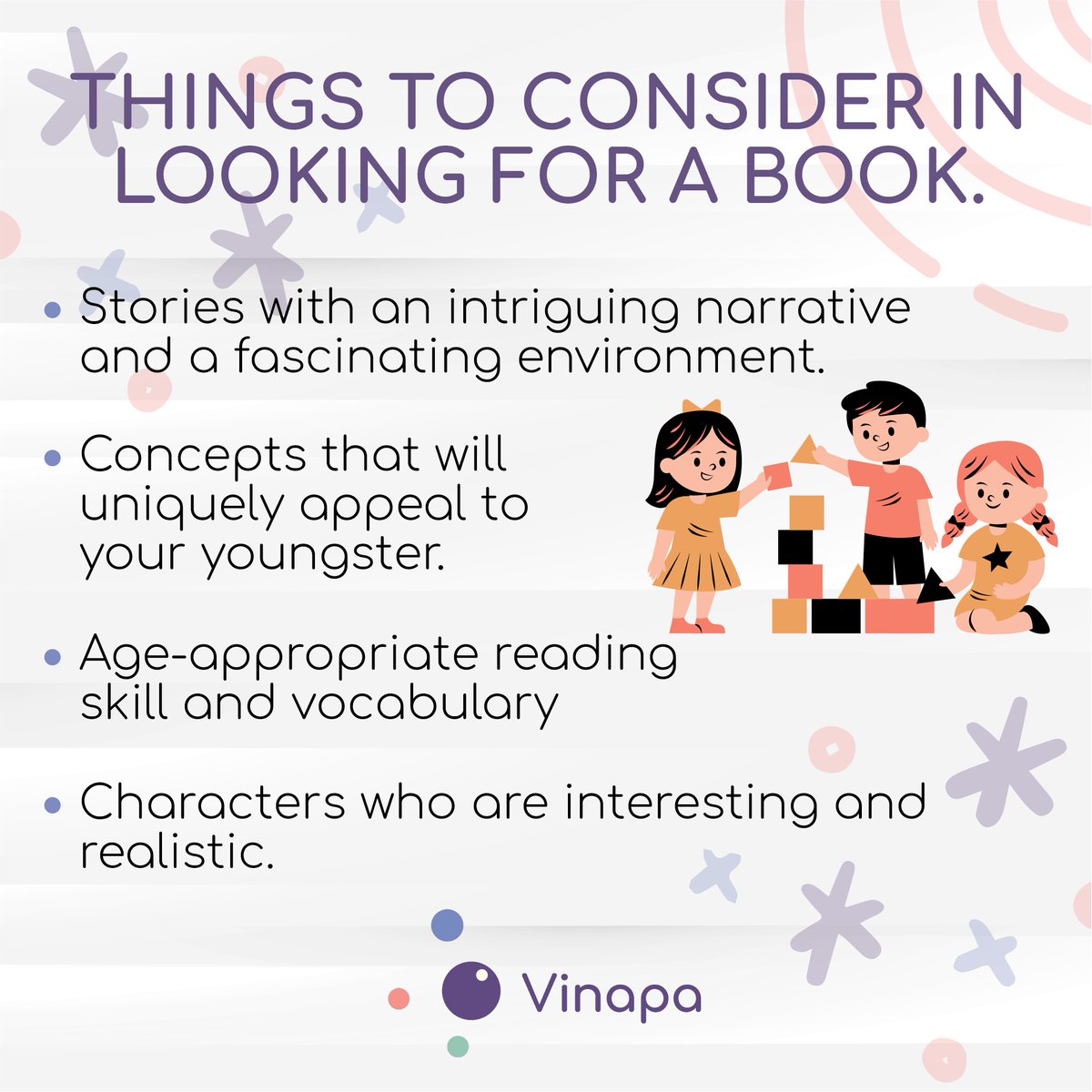 What to consider in looking for a book 📚
----
🌐 vinapa.com
.
#vinapa #vinapachildrensbooks #inspiringandempoweringchildrensbookauthor #learningthroughreading #makereadingfun #books #plays #childrensdevelopment #ecofriendlymaterials #qualitybooks #storytimefun