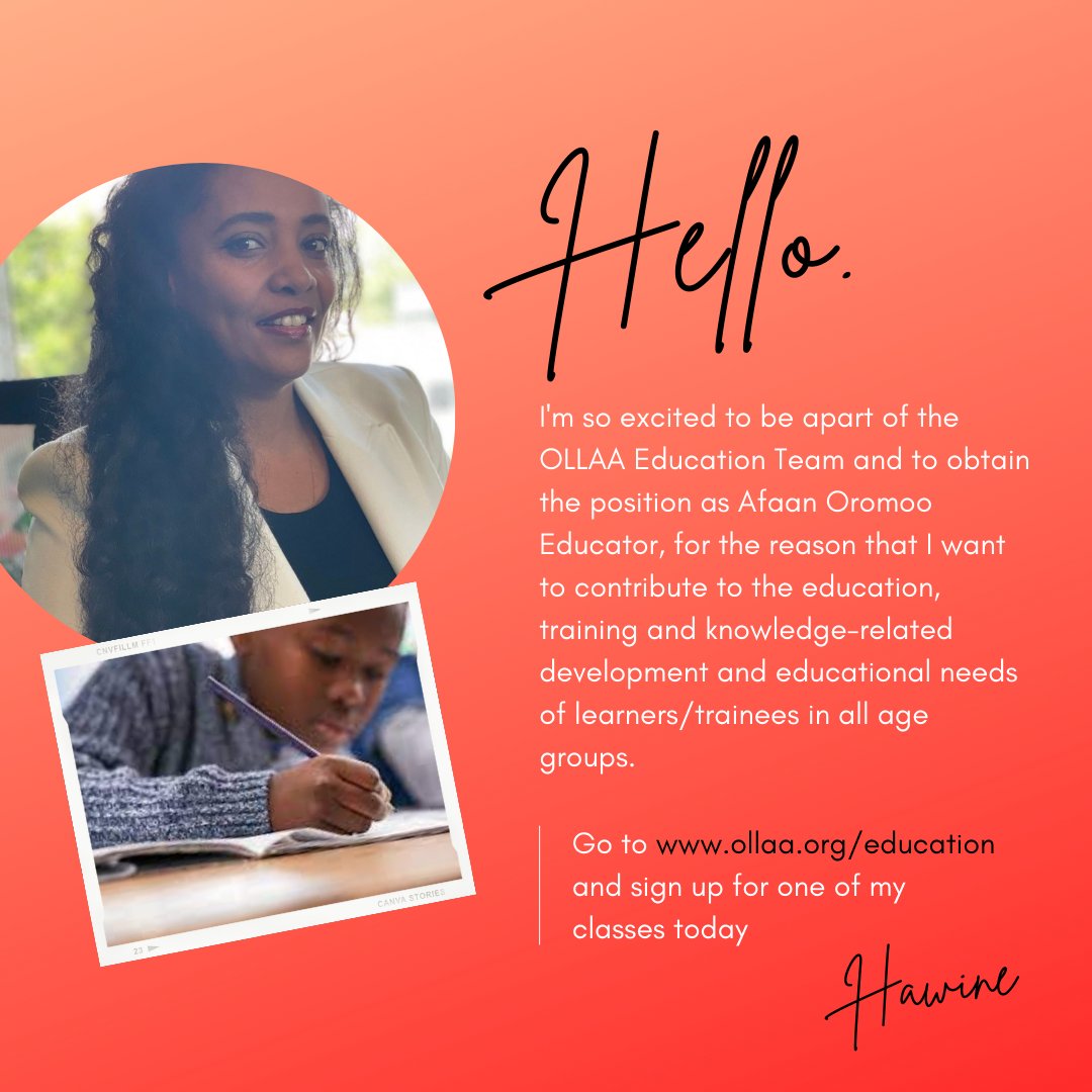 ollaaOromo's tweet photo. Here is a message for Hawine Alemayehu Kube, one of our Afaan Oromoo Educators.
Active Classes, register: Afaan Oromoo (Kids and Adult) and Gadaa System
Register: https://t.co/RY2aHyrYmf
#Education #KidsClass #AdultClass #Trending #Blackeducators #virtual #backtoschool https://t.co/cTakpHJ0uk